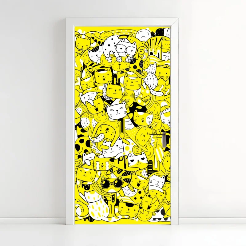 Door sticker playful yellow cat collage