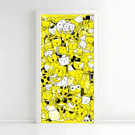 Door sticker playful yellow cat collage • Wallissimo®