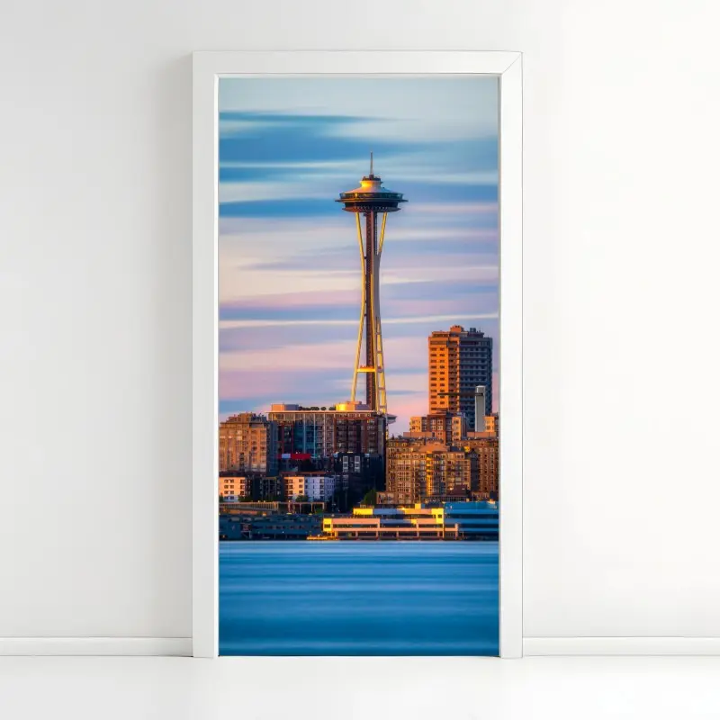 Door sticker Seattle skyline with Space Needle at sunset