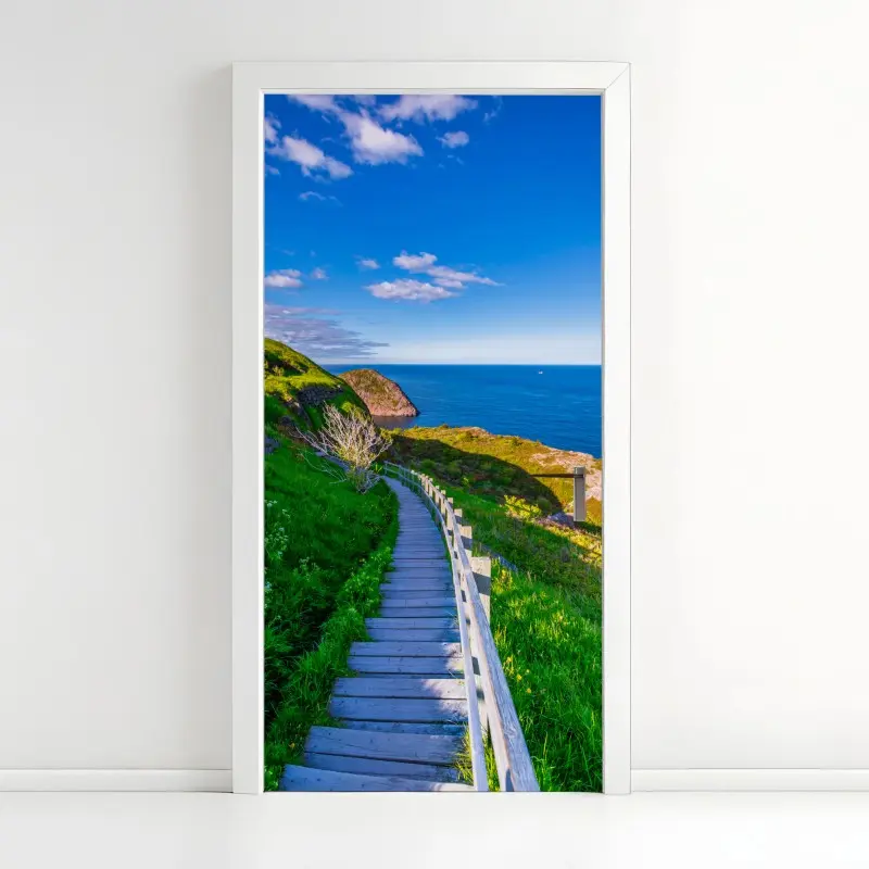 Door sticker coastal boardwalk overlooking blue ocean