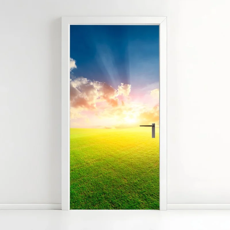 Door sticker sunlit meadow at sunset