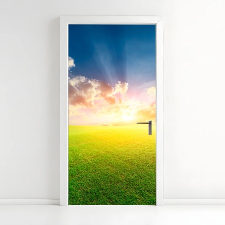 Door sticker sunlit meadow at sunset • Wallissimo®