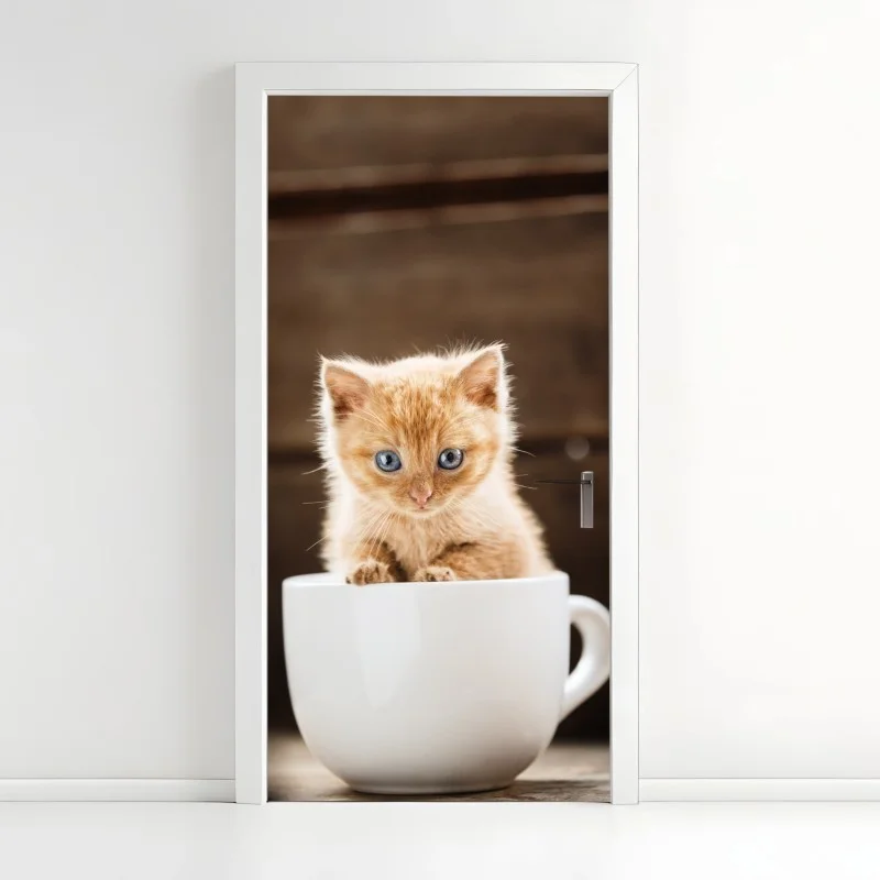 Door sticker ginger kitten in a teacup