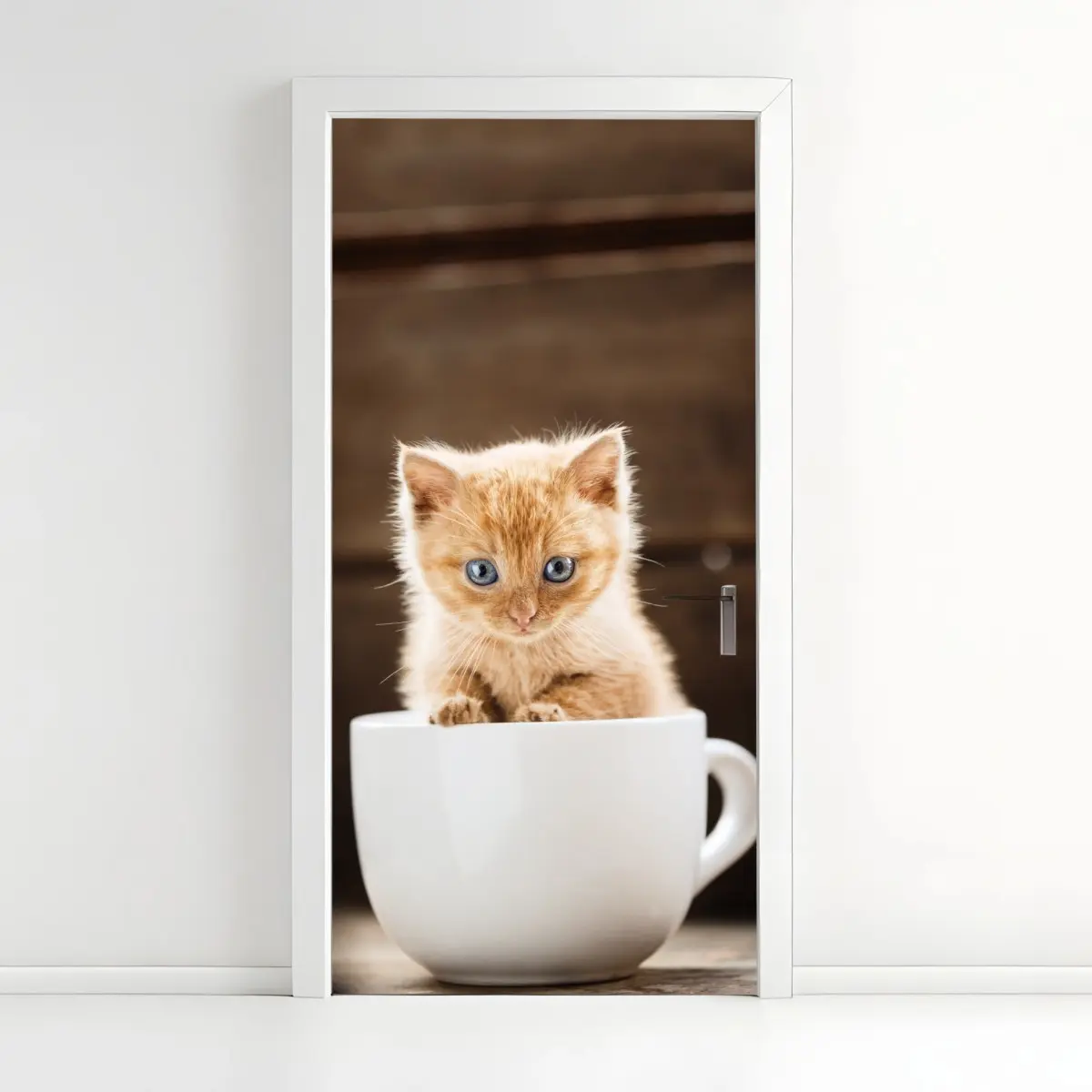 Door sticker ginger kitten in a teacup • Wallissimo® Door sticker ginger kitten in a teacup • Wallissimo®