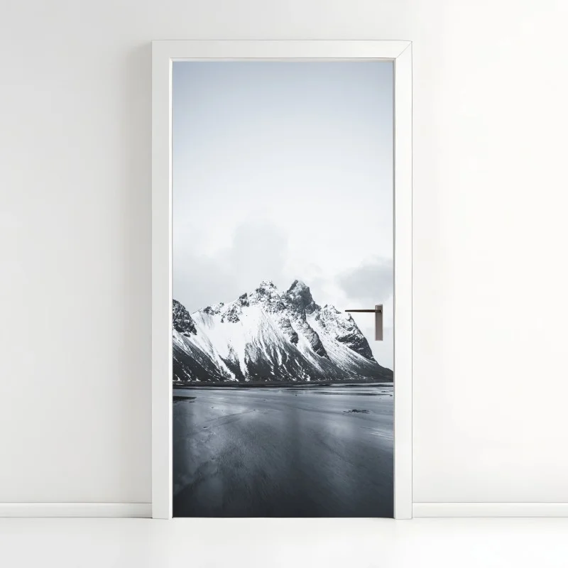 Door sticker serene snow-capped mountain seascape
