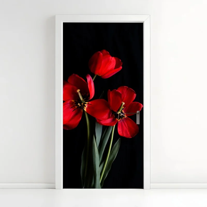 Door sticker three red tulips on black