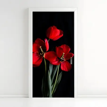 Door sticker three red tulips on black • Wallissimo®
