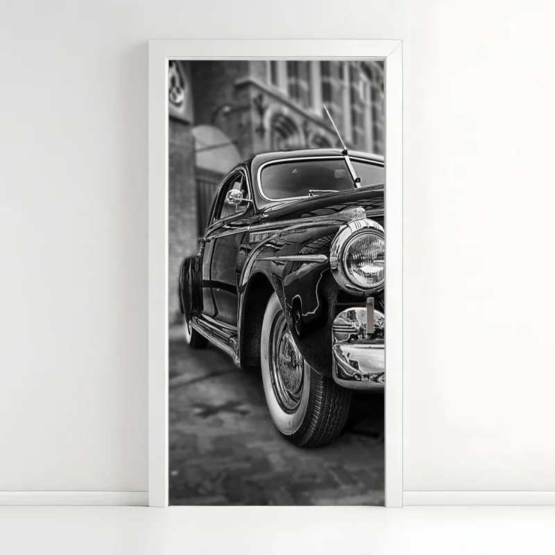Door sticker vintage classic car on cobblestone street