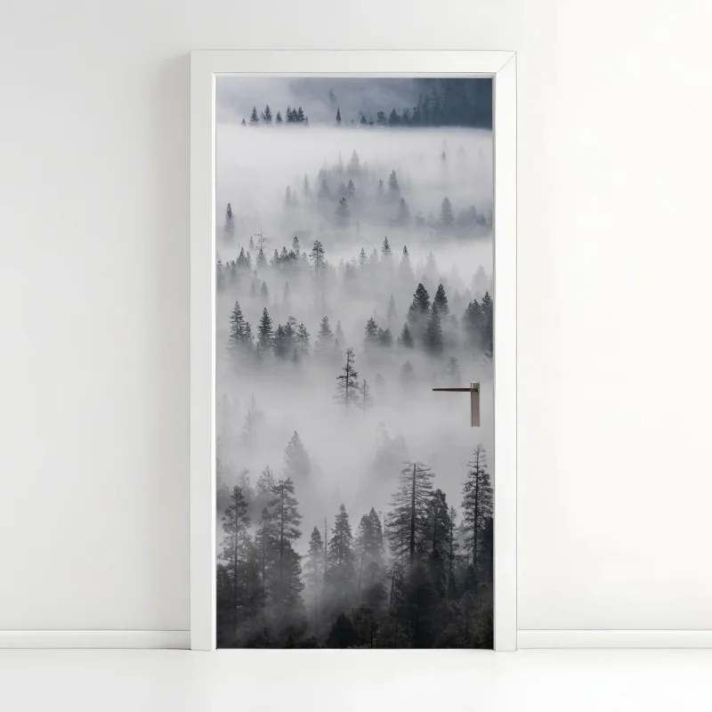 Door sticker mist-shrouded pine forest