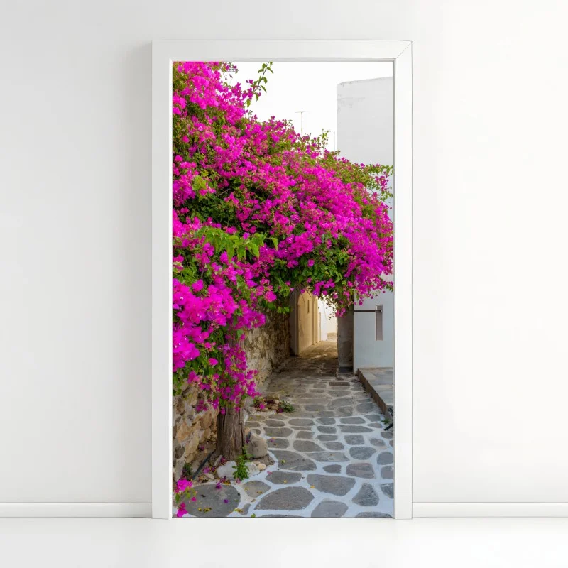 Door sticker blooming bougainvillea in Naousa alley