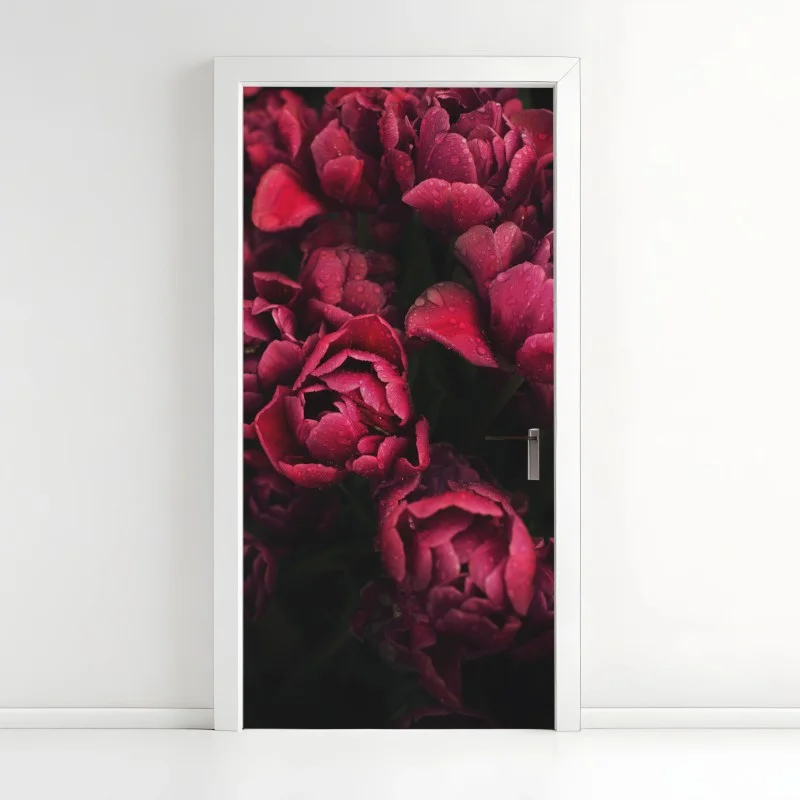 Door sticker deep crimson blooms with raindrops