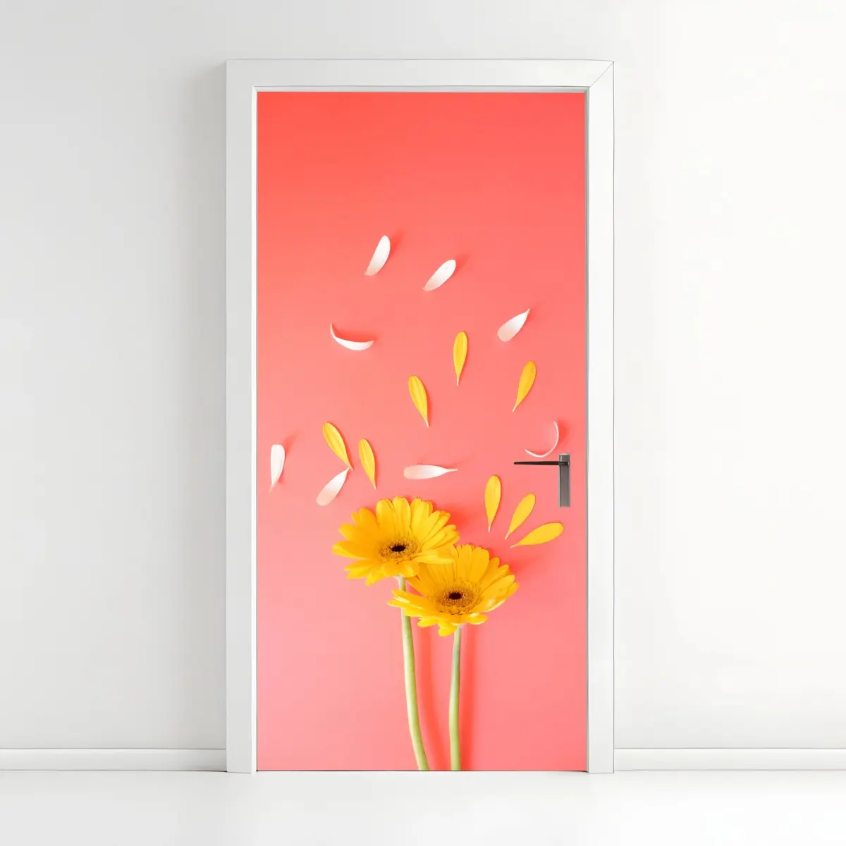 Door sticker sunny yellow gerbera on coral background ⁕ Wallissimo® Door sticker sunny yellow gerbera on coral background ⁕ Wallissimo®