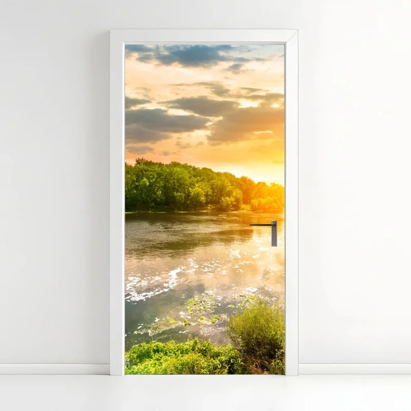 Door sticker serene riverside sunset over lush forest