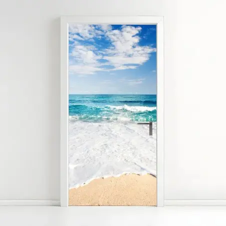 Door sticker turquoise waves on sandy beach • Wallissimo®