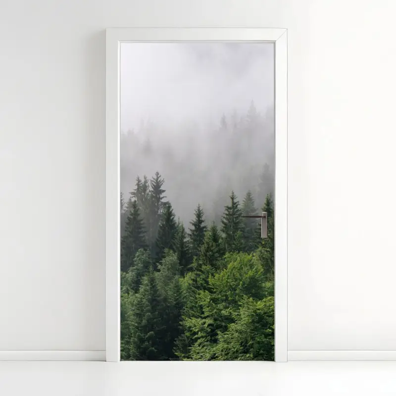 Door sticker misty evergreen forest panorama