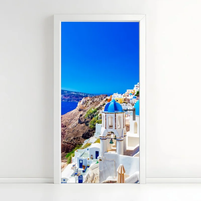 Door sticker Santorini blue-domed village over the Aegean