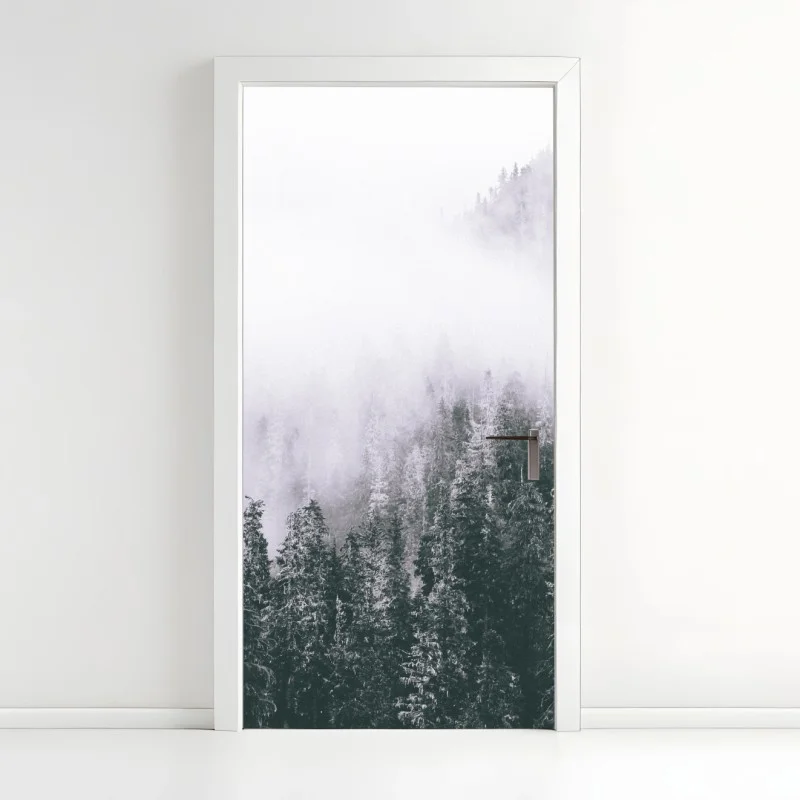 Door sticker misty evergreen forest in fog