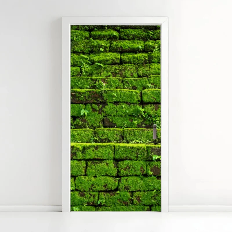 Door sticker lush moss-covered brick wall