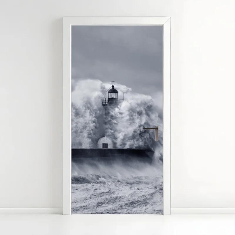 Door sticker lighthouse engulfed by stormy waves