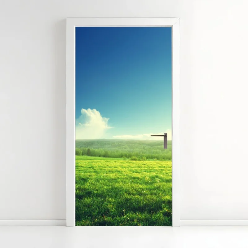 Door sticker sunlit spring meadow at sunset