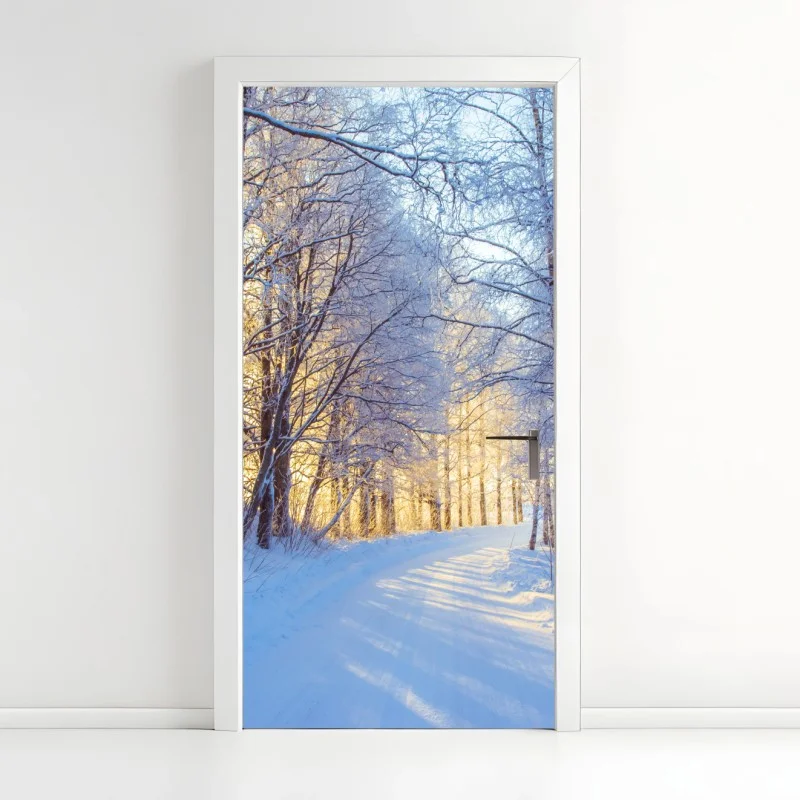 Door sticker winter birch forest pathway at sunrise