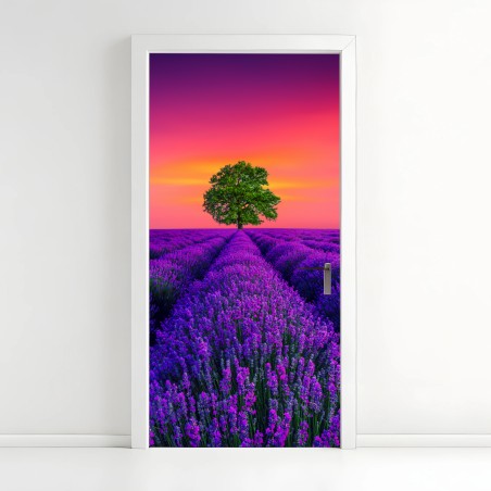 Door sticker lavender sunset with lone tree • Wallissimo®