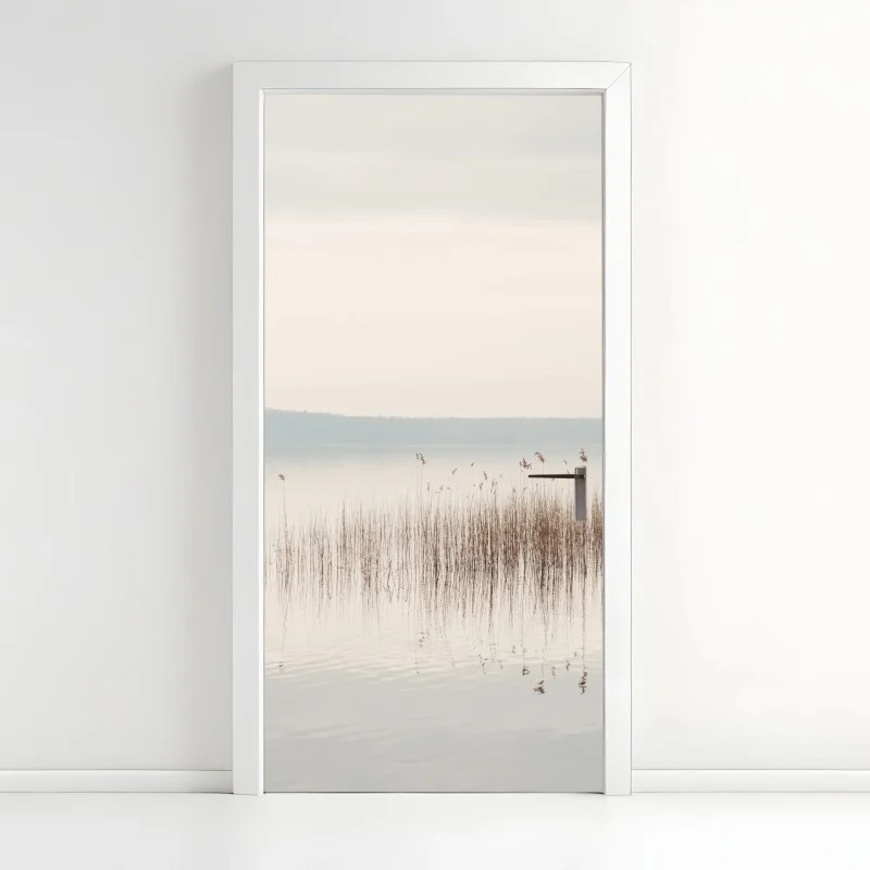 Door sticker serene lakeside reeds at dawn