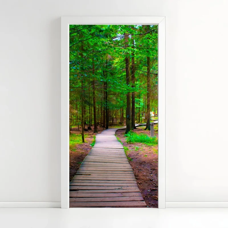 Door sticker serene forest boardwalk path