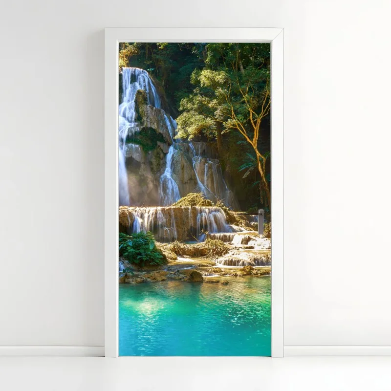 Door sticker turquoise waterfall in lush forest ⁕ Wallissimo®