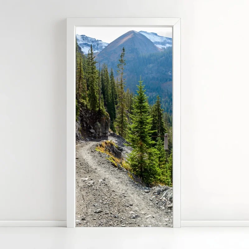 Door sticker mountain trail through alpine forest