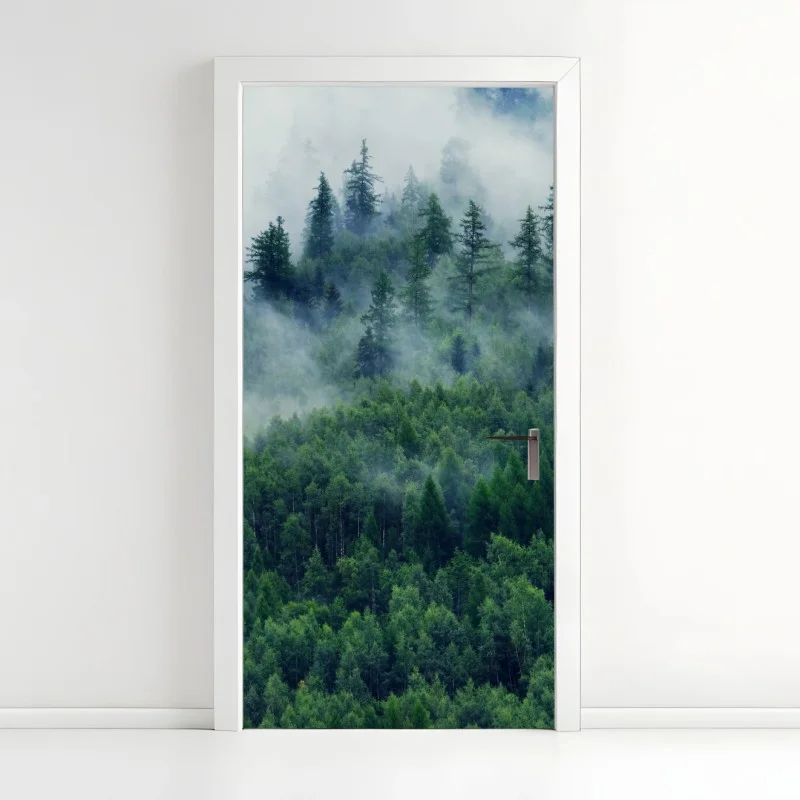 Door sticker misty green forest landscape