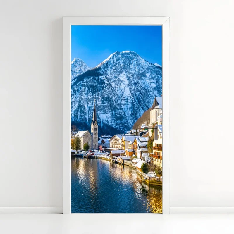 Door sticker peaceful winter in Hallstatt — alpine lakeside village