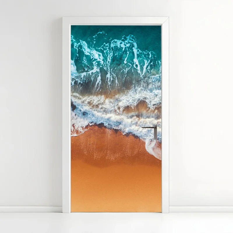 Door sticker aerial view of turquoise waves on sandy beach