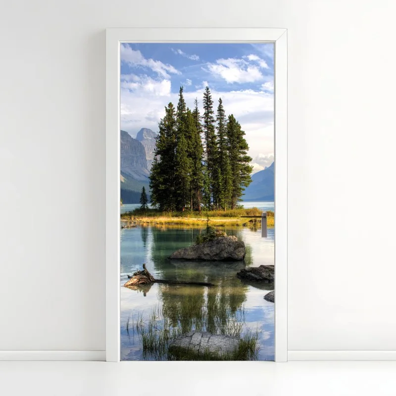 Door sticker serene alpine lake with island and mountains