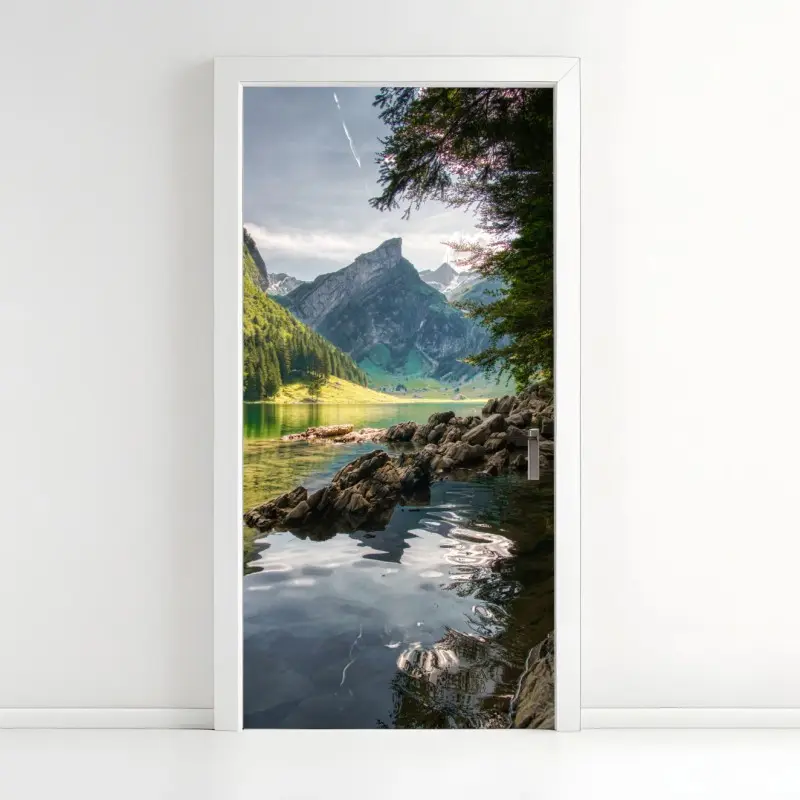 Door sticker serene mountain lake with forest reflections
