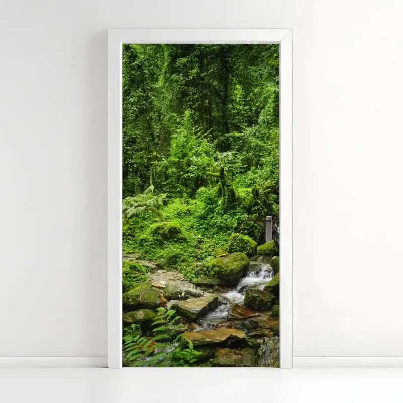 Door sticker lush green forest waterfall