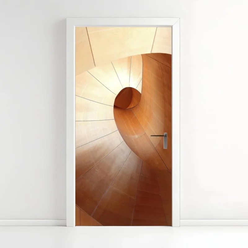 Door sticker warm wooden spiral staircase