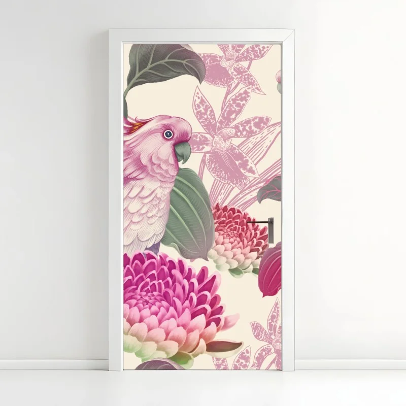 Door sticker pink parrot and chrysanthemum botanical print