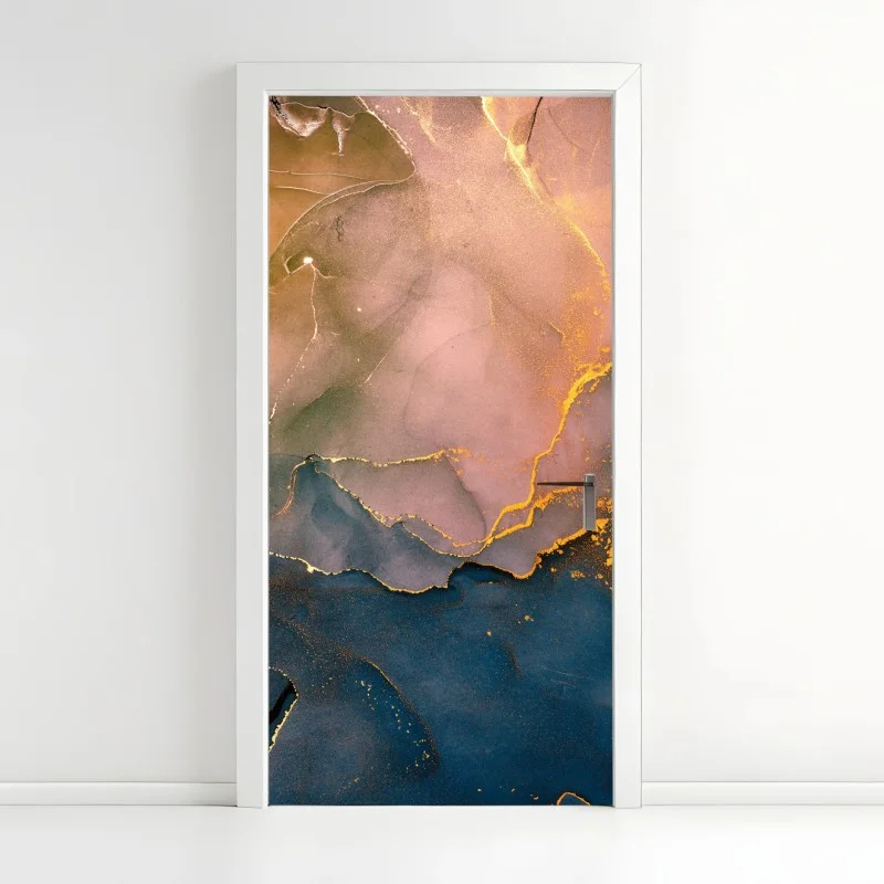 Door sticker blue and gold abstract marble pattern