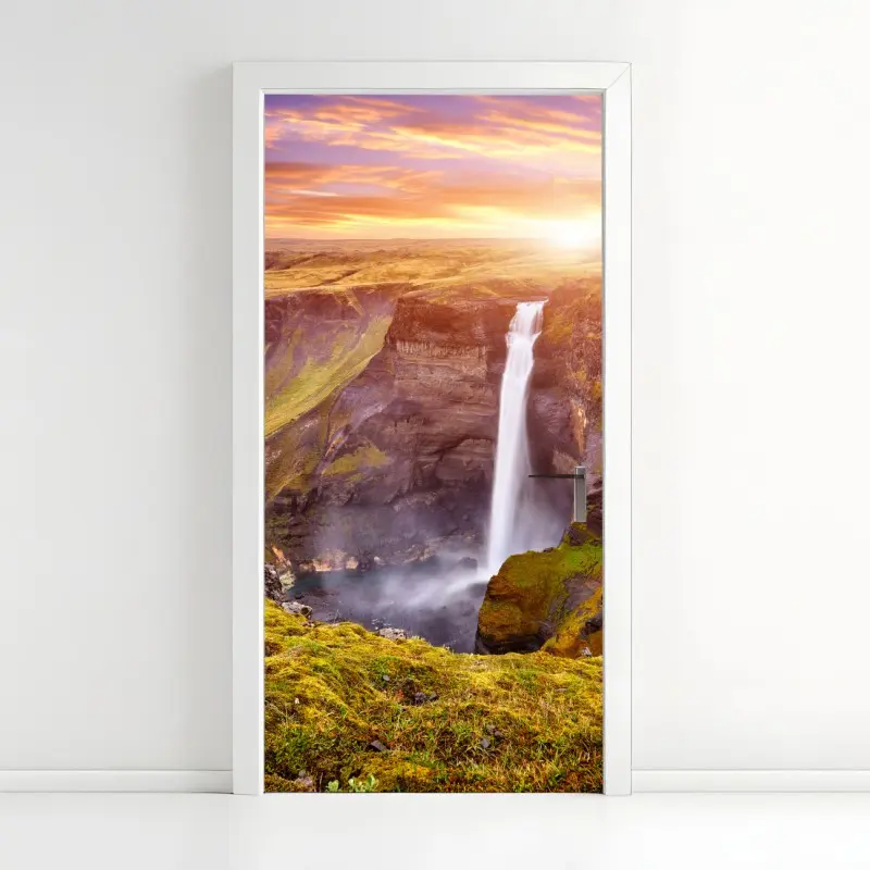 Door sticker Haifoss waterfall sunset panorama