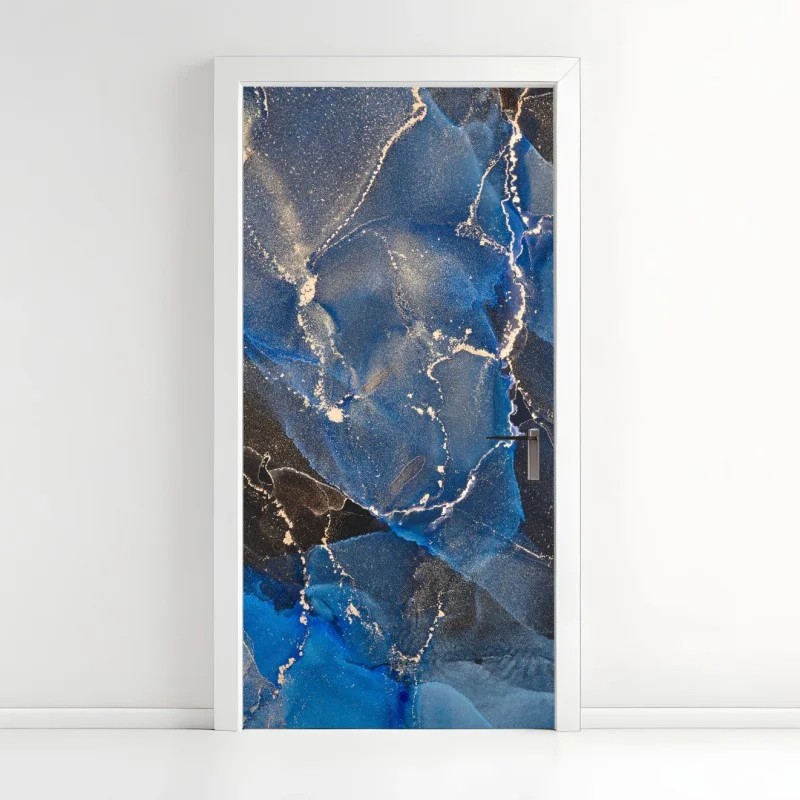 Door sticker luxurious blue and gold abstract waves