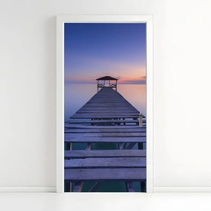 Door sticker tranquil wooden pier at sunset