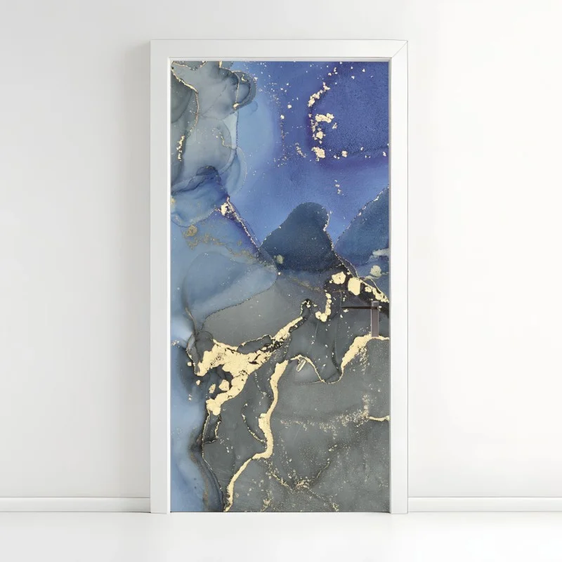 Door sticker luxury blue and gold fluid marble abstract