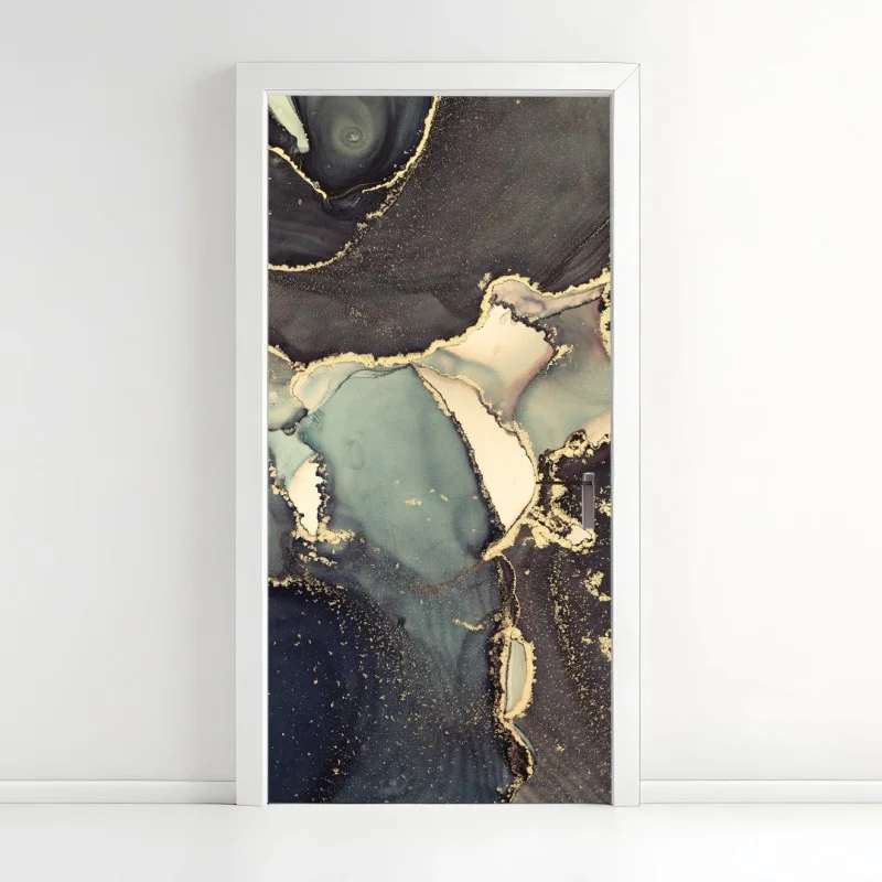 Door sticker turquoise and gold abstract fluid art