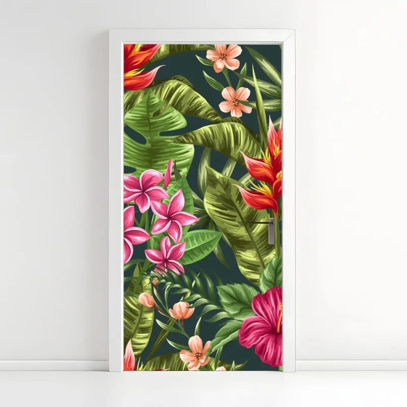 Door sticker tropical hibiscus and plumeria floral pattern