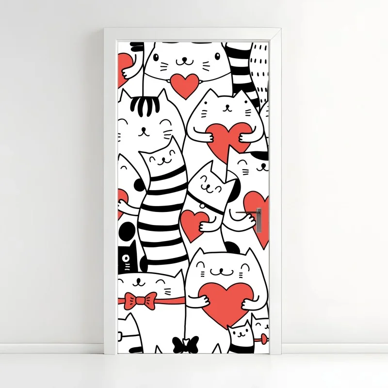 Door sticker cute cats with hearts pattern
