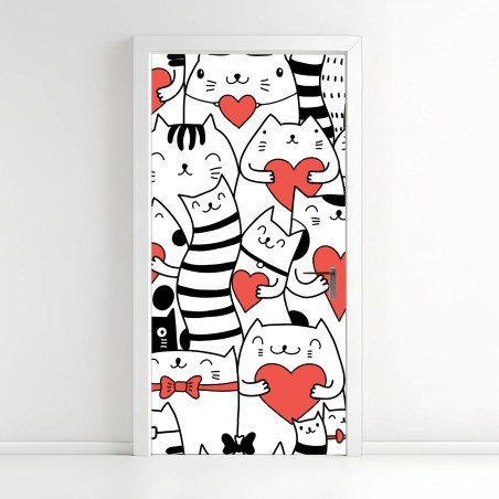 Door sticker cute cats with hearts pattern • Wallissimo®