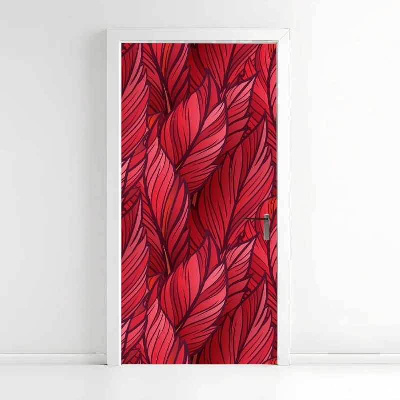 Door sticker red botanical leaf pattern