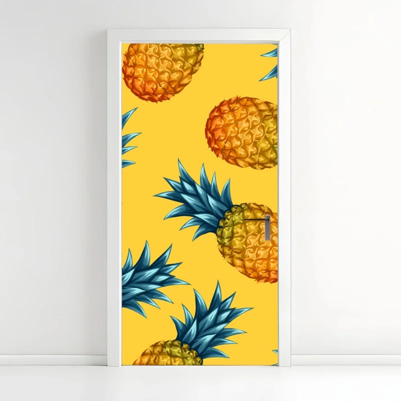 Door sticker tropical pineapple pattern on yellow background