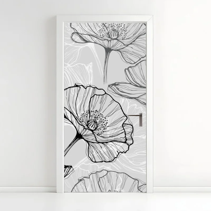 Door sticker delicate gray poppy line art